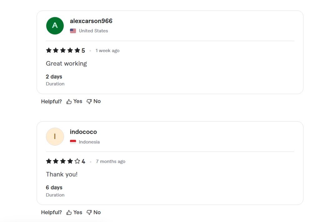 Fiverr reviews from alexcarson966 and indococo
